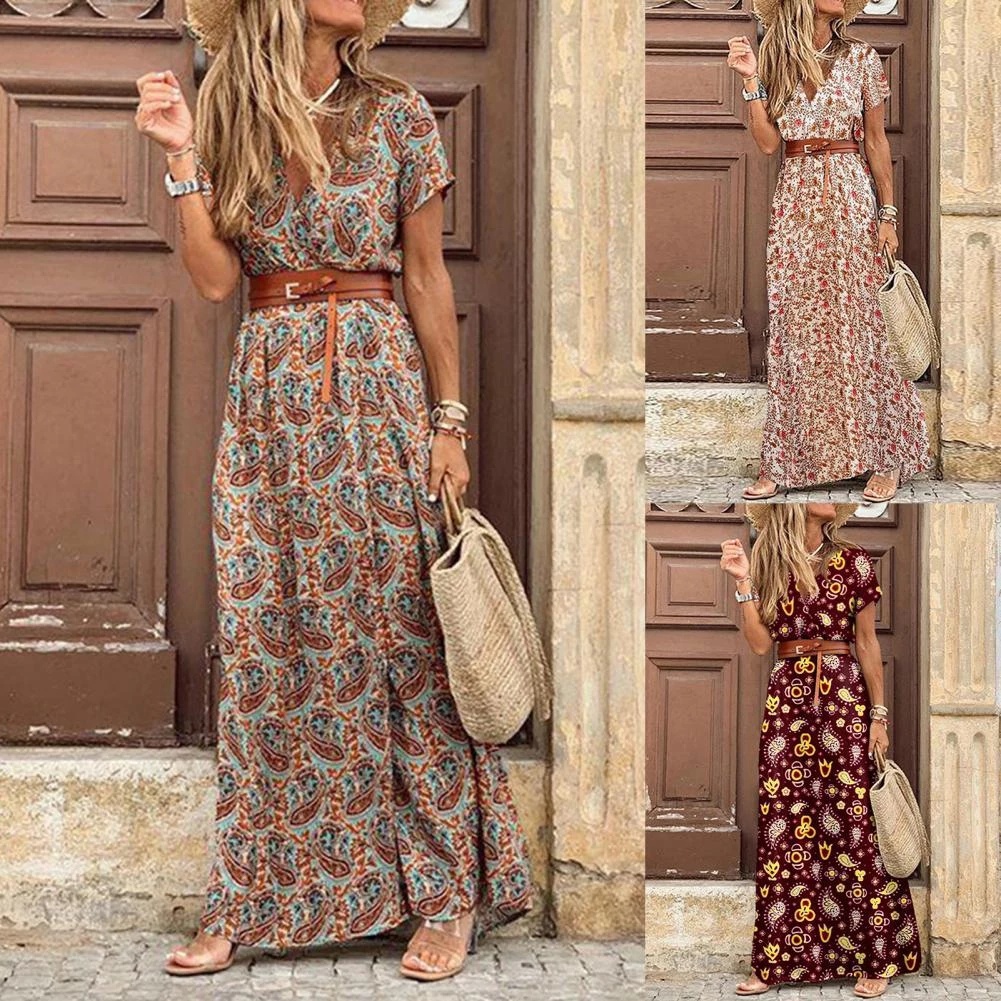 Enviado em 24 horas] Mulheres Boho Oferecem Ombro Maxi Vestido V