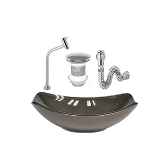 CUBA DE VIDRO OVAL CHANFRADA 46CM MARROM + VALVULA + TORNEIRA + SIFAO