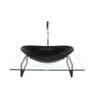 KIT CUBA DE VIDRO OVAL GRAFITE COM TAMPO 60CM INCOLOR E SUPORTE PRETO