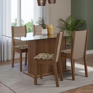 Conjunto Sala de Jantar Mesa Tampo de Vidro 4 Cadeiras Rustic/Crema/Bege Marrom Yara Madesa em Oferta na Shopee