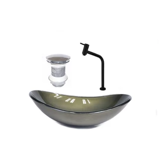 CUBA DE VIDRO OVAL 55CM OURO ENVELHECIDO VALVULA TORNEIRA PRETA