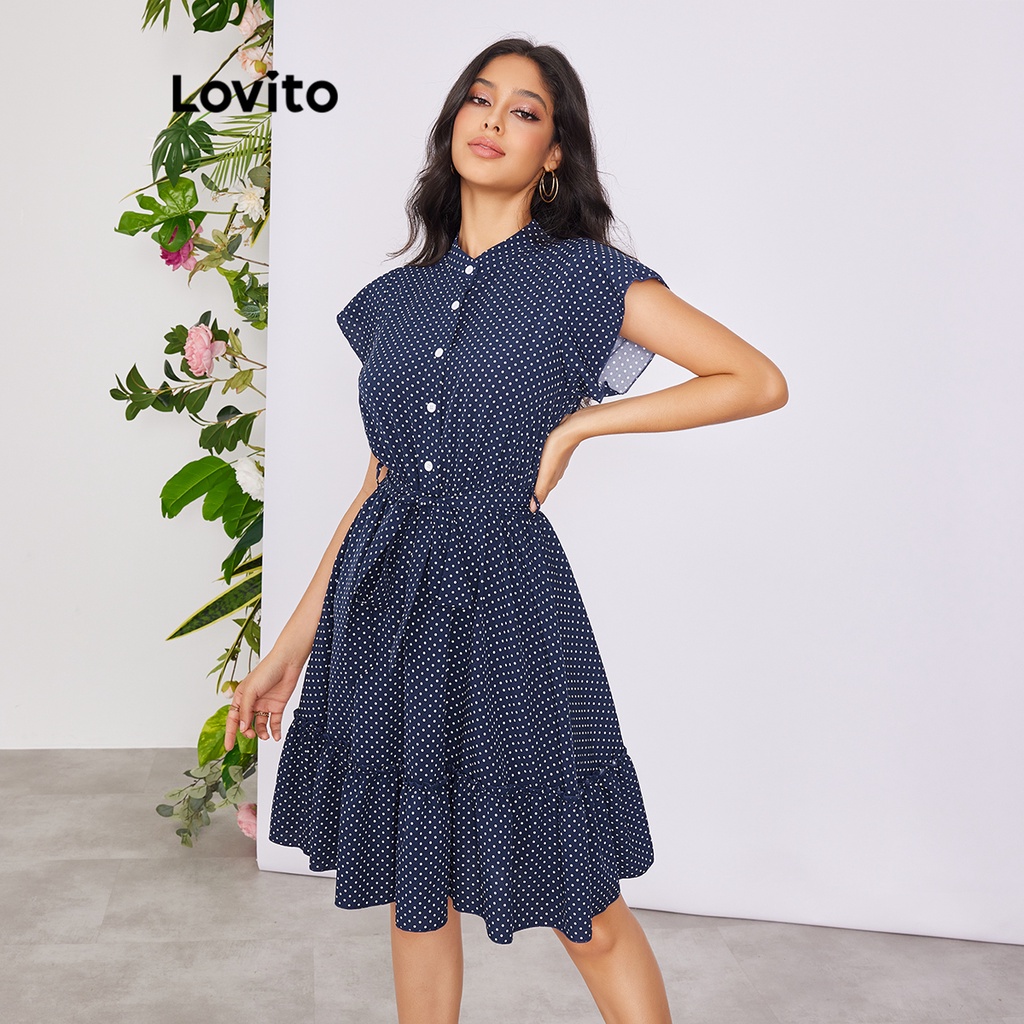 Lovito Vestido Feminino Casual Com Botão De Bolinhas E Babado Na Bainha Com Cinto LBE02097 (Azul Escuro)