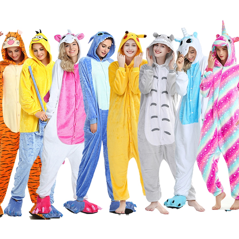 Adultos Desenho Animado Bonito Pikachu Stitch Panda Tiger Onesies Mulheres Flanela Manga Longa Pijamas Kigurumi Animal Sleepwear