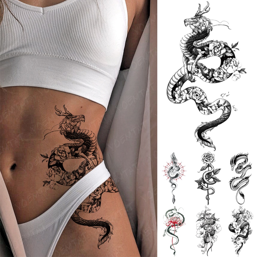 Tatuagem Temporária À Prova D'água Autocolante Cobra Negra Dragão Totem Flash Tigre Flores Rosas Corpo Arte Braço Falsa Homens Mulheres