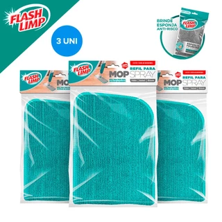Kit 3 Refis Mop Spray Verde Agua Para Limpeza Domestica + Esponja Poliester Flash Limp