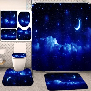 Cortina De Banheiro Galaxy Universo Noite Céu Estrelado E Lua Conjunto De Cortinas Assento Higiênico Tapete Em U Decoração