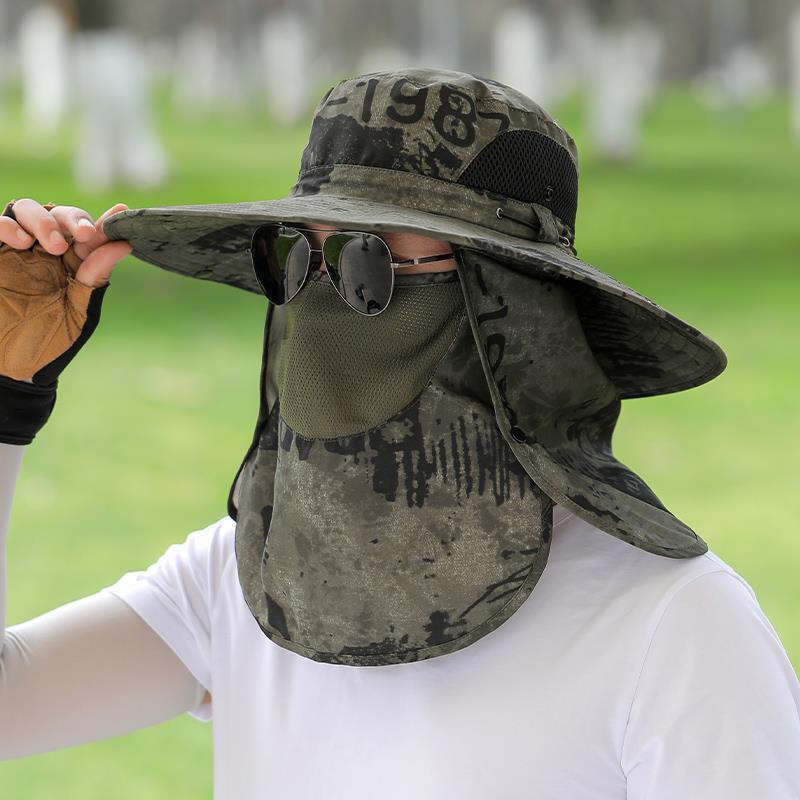 Chapéu de Sol Chapéu de Verão Anti-Ultravioleta para Homens Chapéu de Pesca Big Brim Cover Face Bucket Chapéu de Montanhismo ao Ar Livre Chapéu de Sol