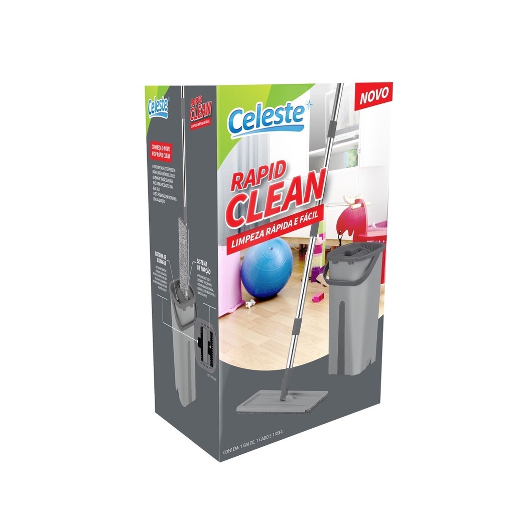 Mop Lava E Seca Flat Multiuso CELESTE Vertical Balde Esfregão Rodo Cor Ciano Com Cinza