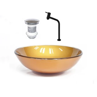 CUBA DE VIDRO REDONDA 31CM DOURADO REAL + VALVULA + TORNEIRA PRETA
