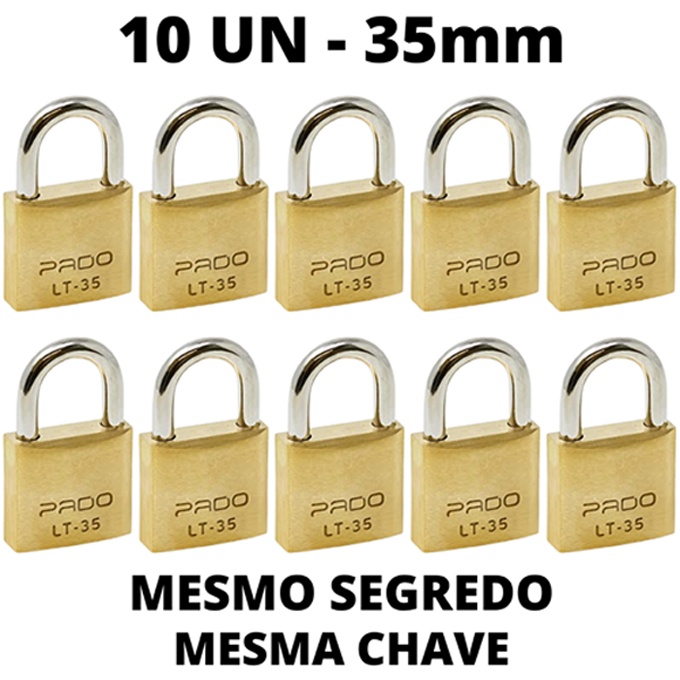 Kit 10 Cadeado Pado 35mm mesmo segredos iguais mesma chave