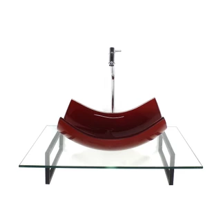 KIT CUBA DE VIDRO RETANGULAR CURVADA VERMELHO CEREJA COM TAMPO 60CM INCOLOR E SUPORTE TORNEIRA VALVULA