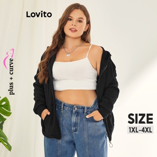 Lovito Jaqueta Plus Size Feminina Lisa Com Zíper LPS03041 (Preta)