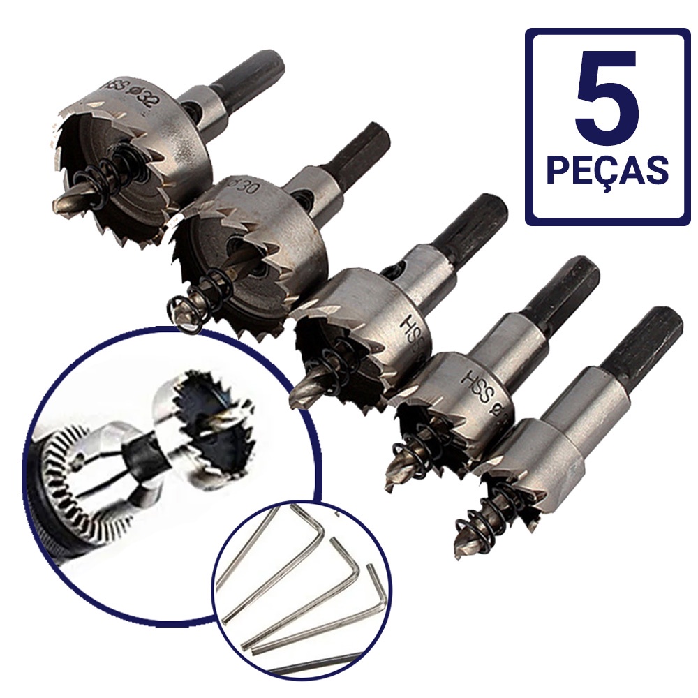 Jogo Broca Serra Copo Fura Metal Aço Ferro 5 Peças 16 à 32mm Cobre Bronze Alumínio