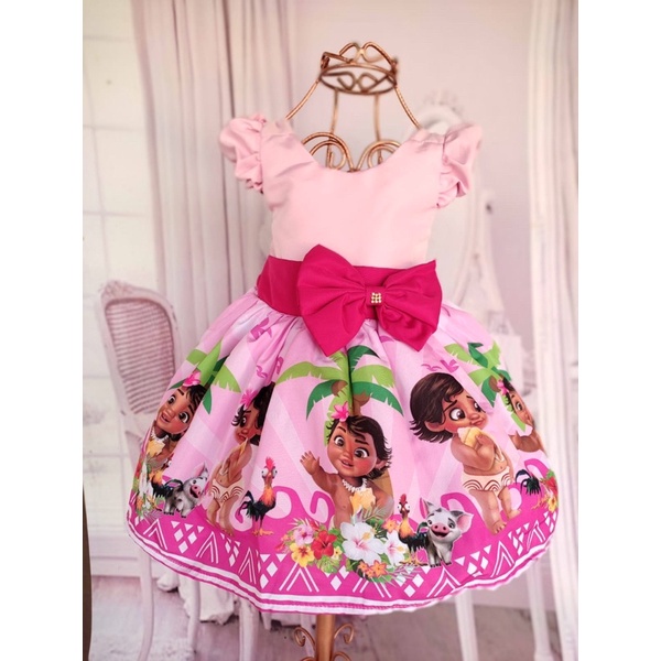 Vestido Tema Moana Baby - Meninas Bebês 6 Meses a 10 anos - Rosa