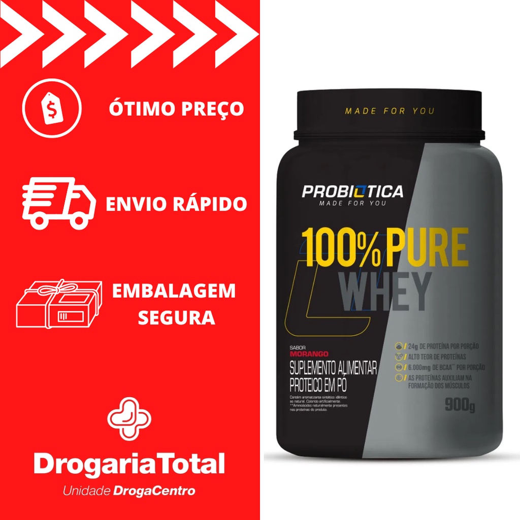 Whey 100% Pure Whey Probiótica Pote 900g Sabor Morango Suplemento Alimentar
