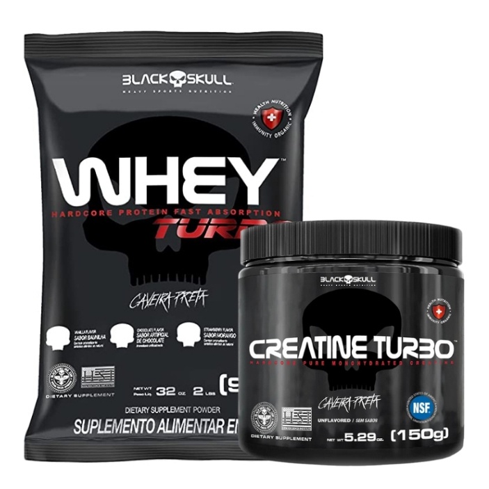 kit Whey Turbo Refil 907g + Creatina Turbo Monohidratada 150g – Black Skull