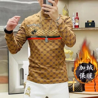 Homens Moda Homem Meio Pescoço Alto Camisa De Manga Longa Européia Novo Estilo Carta De Abelha Imprimir Bottoming Exclusiva