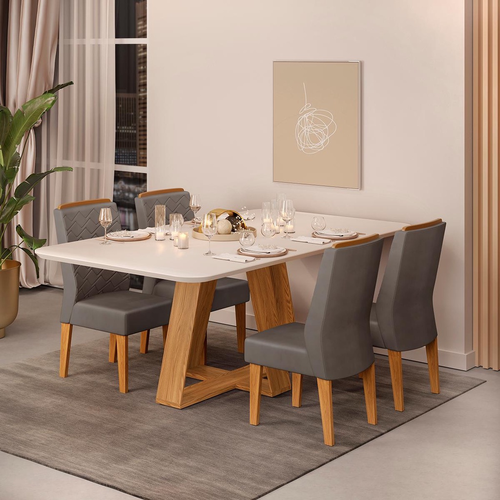 Conjunto de Mesa Com 4 Cadeiras Para Cozinha Tampo Retangular 1,06m Praiana  Araúna Off White e Bege