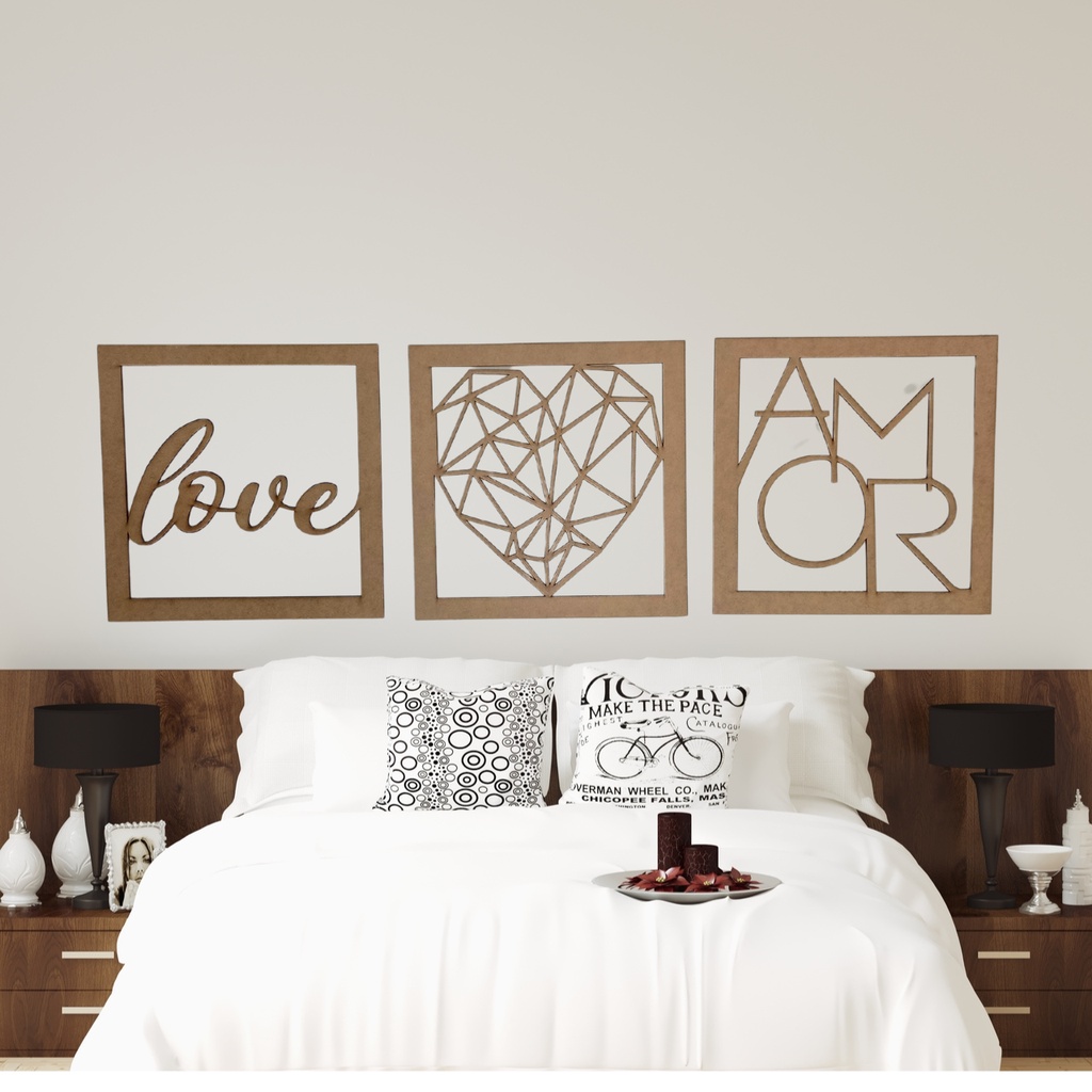 Kit 3 Quadros Casal Cabeceira Mdf Cru Alto Relevo Decoração