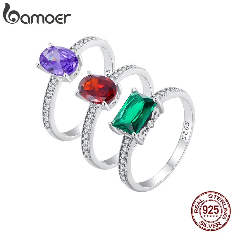 Bamoer 925 Prata Esterlina Delicada Luz Luxo Vermelho & Verde E Púrpura Anel De Graduação Principal Zircon Jóias De Moda Para Mulheres Estudantes