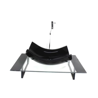 KIT CUBA DE VIDRO RETANGULAR CURVADA COM TAMPO 60CM PRETO E SUPORTE TORNEIRA VALVULA