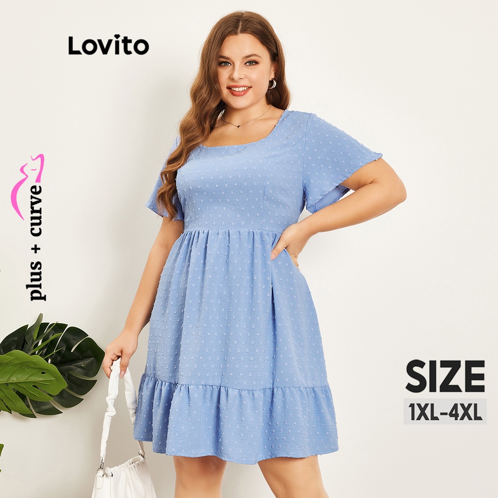 Lovito Plus Size Vestido Feminino Curvas Elegante Liso Evasê De Babado Franzido Com Gola Redonda LPS07056 (Azul)