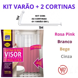 Kit Suporte Varão Banheiro Curvo Em L + 2 Cortina Box 135CM X 200CM