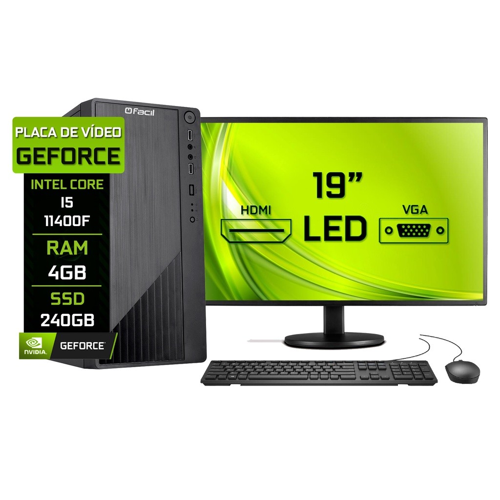 Computador Fácil Completo i5 11400f 4GB DDR4 SSD 240GB Monitor 19" HDMI LED Teclado e Mouse