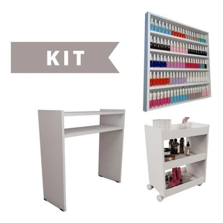Kit Manicure Carrinho + Mesa + Prateleira Expositor Esmalte