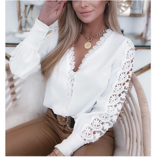 Elegante Blusa Feminina De Manga Longa De Renda Branca Com De Lanternav NeckLeaky Para Camisas E Blusas Sociais De Outono/Inverno