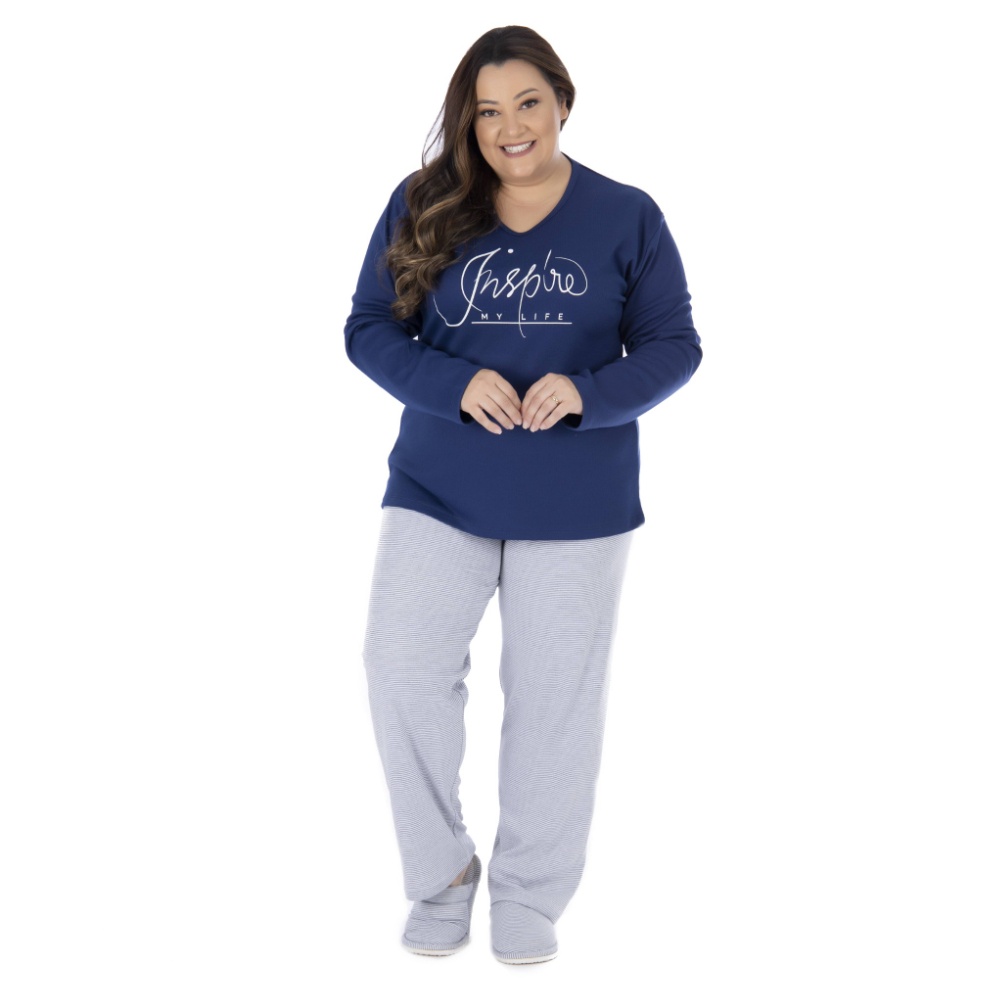 Pijama De Frio Feminino Plus Size Manga Longa Calça Listrada