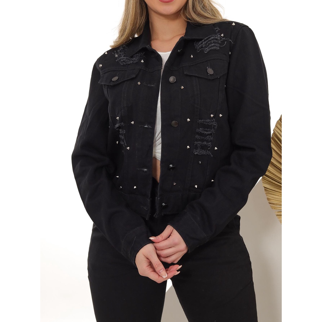 Jaqueta Feminina Jeans Preto com Spike