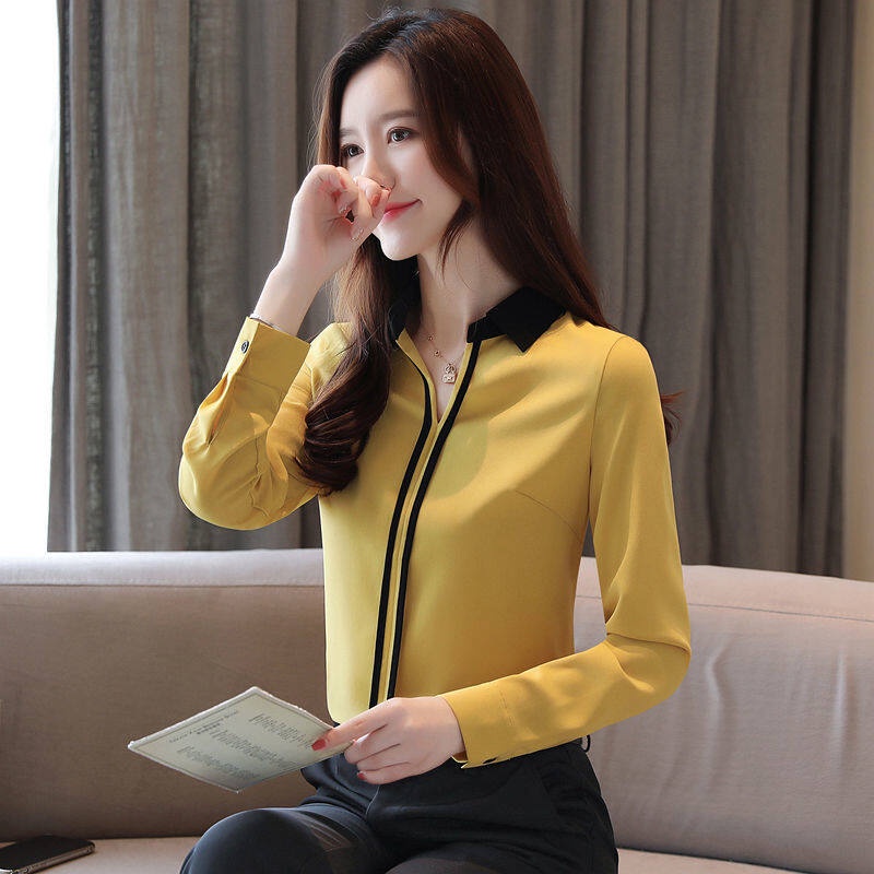 Blusa Amarela Moda Feminina Camisa Simples De Manga Comprida Mais Tops De  Escritório