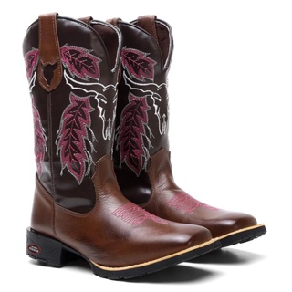 Bota Botina Texana Feminina Country Touro Folha Rosa Couro