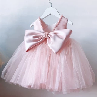 WFRV Baby Girl Dress Pearls Kids Dresses Big Bow Backless Vestido De Festa De 1o Aniversário Princesa Tulle Gown Batismo Menina Flor Para Casamento 1-5 Anos
