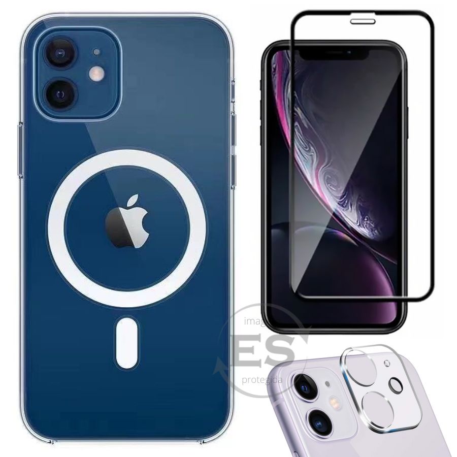 Kit 3em1 Para iPhone 11 - Capa MagSafe + Pelicula de Vidro 3D + Pelicula de Protecao Camera