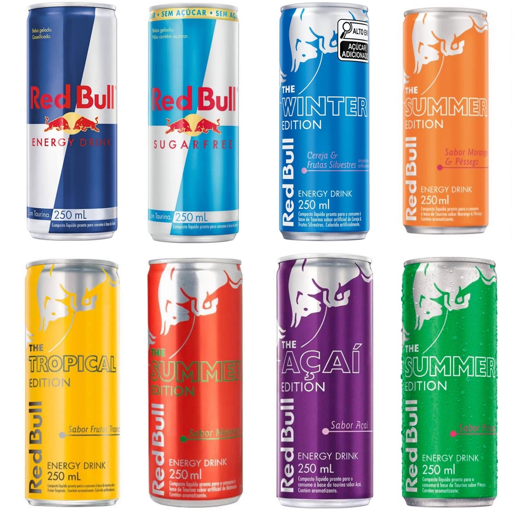 Energético Red Bull 250ml Energy Drink Morango e Pêssego Frutas Tropicais Silvestres Summer Winter Edition Cereja