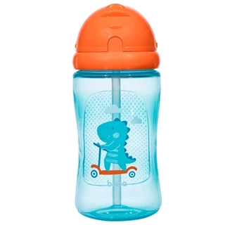 Garrafa Garrafinha Azul Dinossauro Com Canudo 100% Silicone Buba 340ML