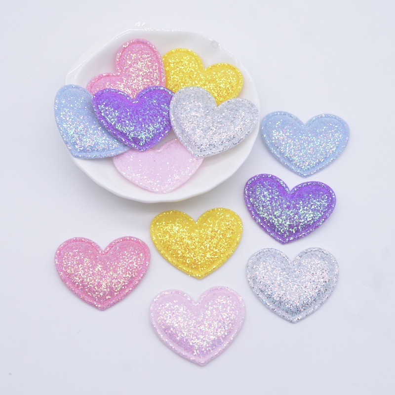 50Pcs 35 * 30mm Applique De Tecido Glitter Coração Acolchoado Para Cabeleireiro Clipes De Decoração Chapéus Acessórios De Roupas Patches