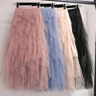 Saias De Bolo De Verão Na Primavera Malha De Tule Embalado Longo Irregular Maxi Mulher D9QT