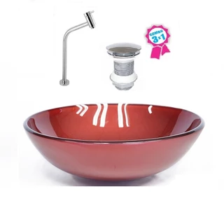 CUBA DE VIDRO REDONDA 31CM VERMELHO CEREJA + VÁLVULA CLICK + TORNEIRA DE METAL