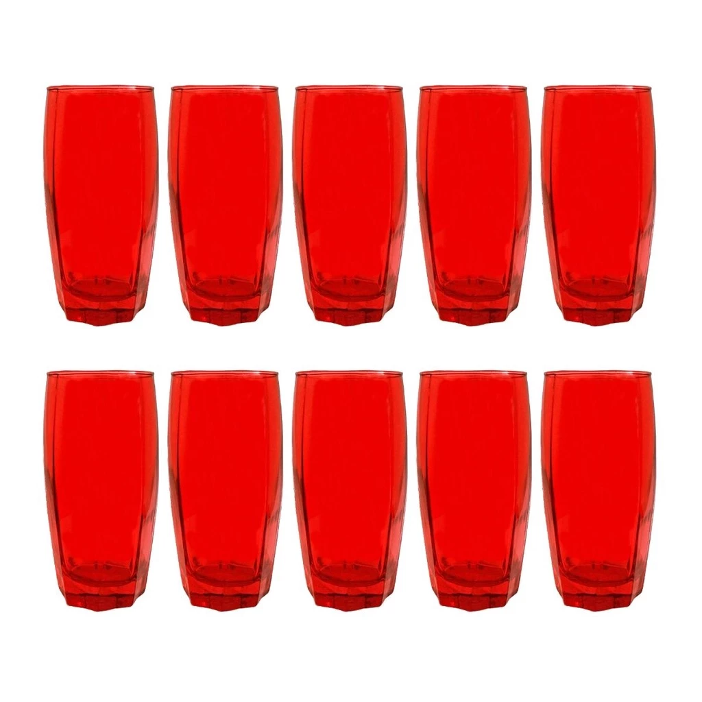Kit 10 Copos de Vidro Vermelho Florida Mesa Chique 370ml