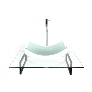 KIT CUBA DE VIDRO RETANGULAR CURVADA BRANCA COM TAMPO 60CM INCOLOR E SUPORTE TORNEIRA VALVULA