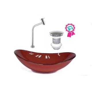 CUBA DE VIDRO OVAL 55CM VERMELHO CEREJA VALVULA CLICK TORNEIRA METAL