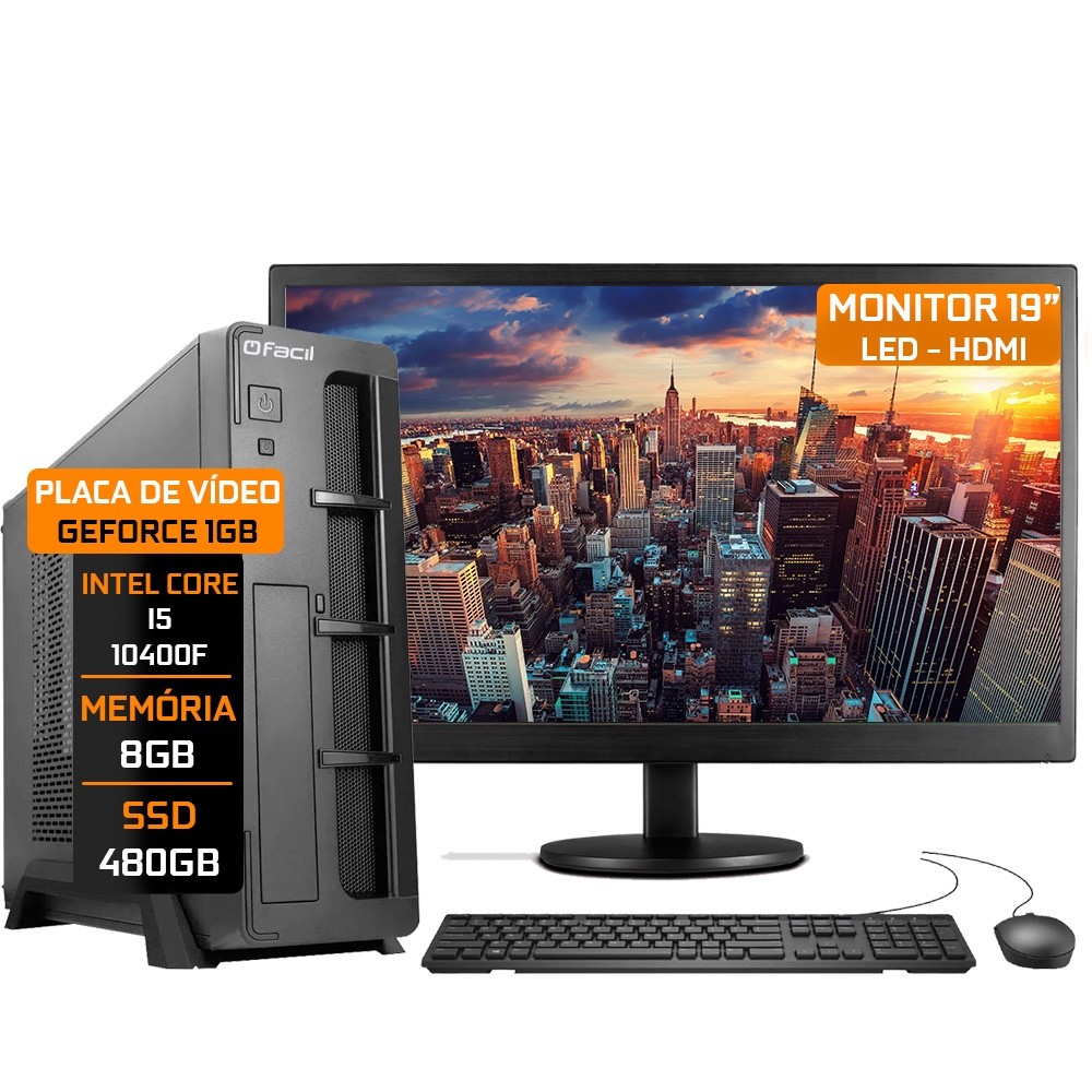 Computador Fácil Slim Completo Intel Core i5 10400f (Décima Geração) 8GB DDR4 SSD 480GB Monitor 19" HDMI LED