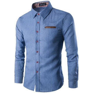 Camisa social Masculina De Manga Comprida , jeans Casaco De Couro Com Bolsos , Adequado Para Roupas De Verão