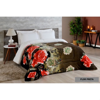 COBERTOR COBERDROM MANTA ALTA La Sherpa 180 Grosso Queen Size Estampado FLOR PRETO