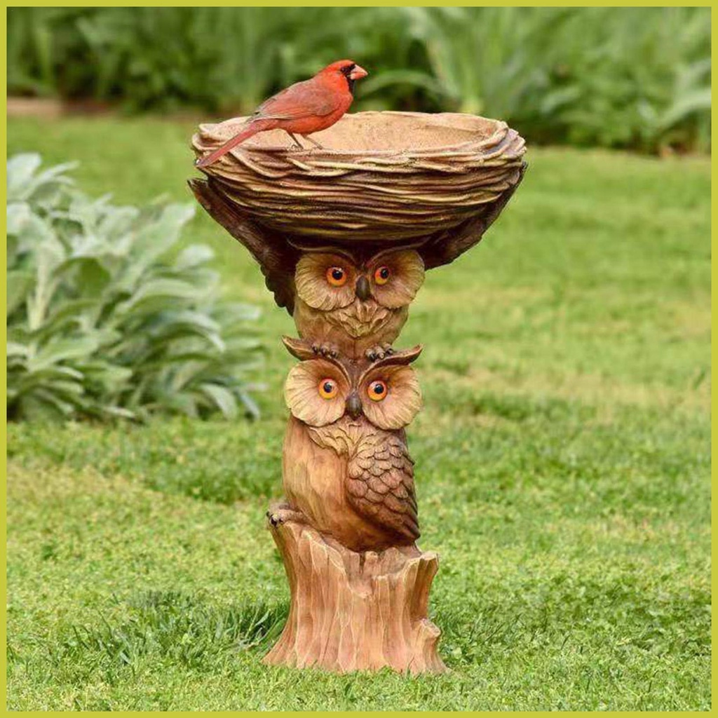 Banho/alimentador De Pássaros De Jardim Em Forma De Coruja Com Detalhes De Escultura & Suporta 22cm