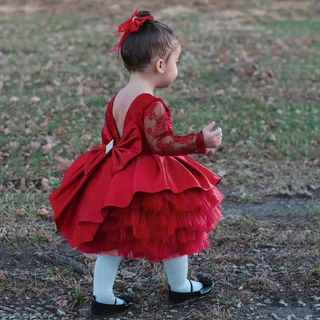 WFRV Vintage Baby Girl Aniversário Menina Tutu Princesa Vermelha Vestido Kid Autumn Long Sleeve Christmas Prom