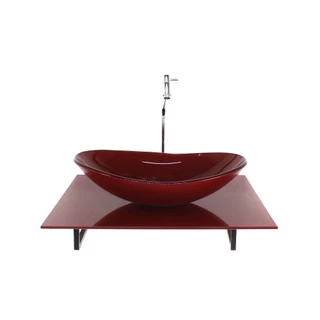 KIT CUBA DE VIDRO OVAL COM TAMPO 60CM VERMELHO CEREJA FULL E SUPORTE PRETO